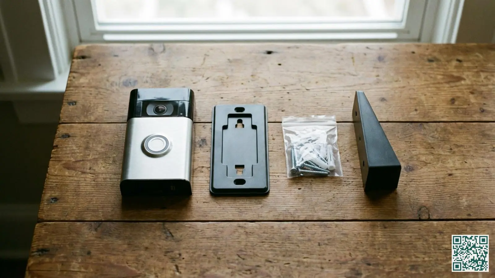 Draadloze video deurbel met montagebeugel schroeven en wigvormig montageplaatje op houten oppervlak