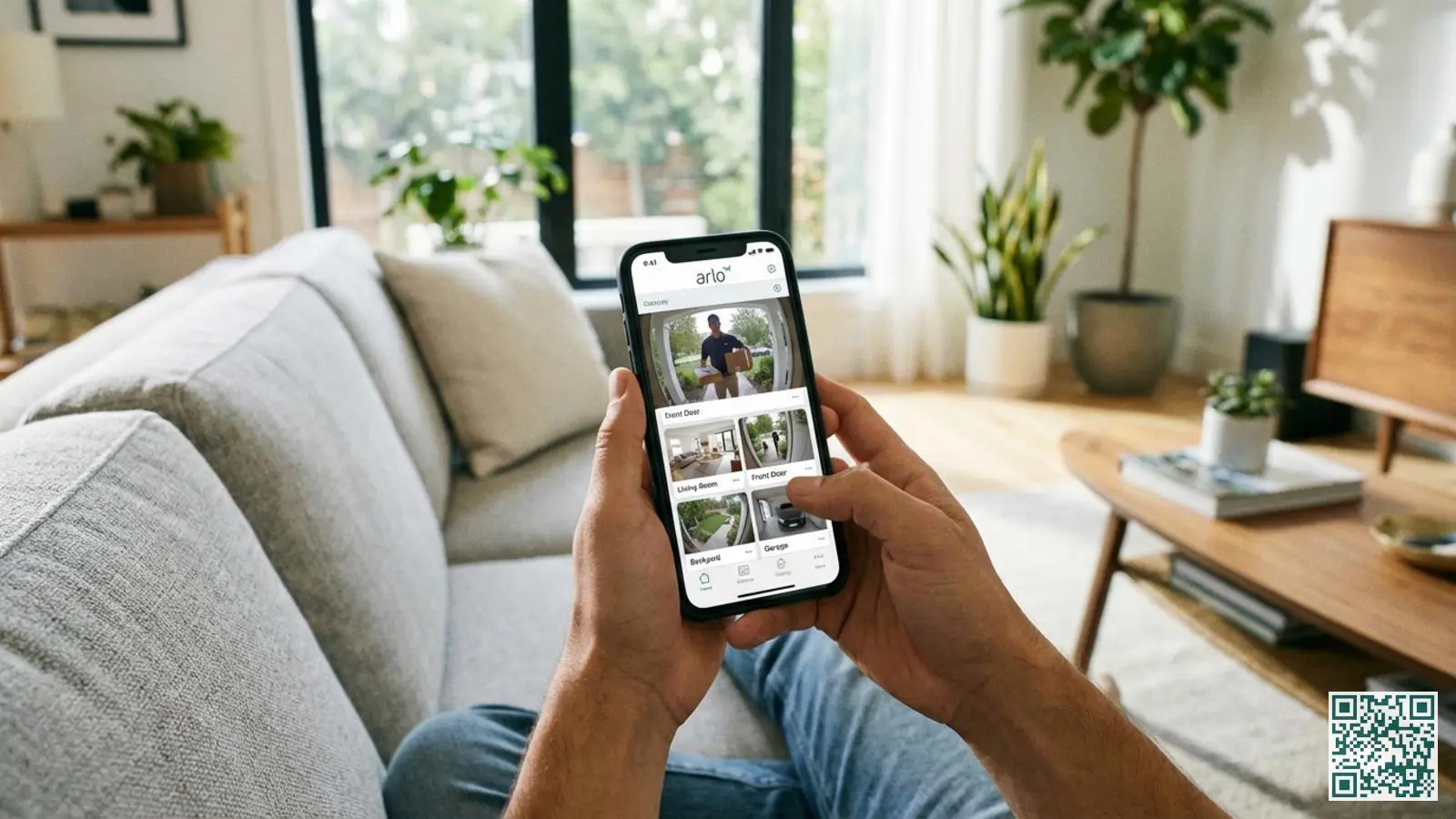 Handen houden smartphone vast met Arlo beveiligingsapp open die video deurbel en camera feeds toont in woonkamer