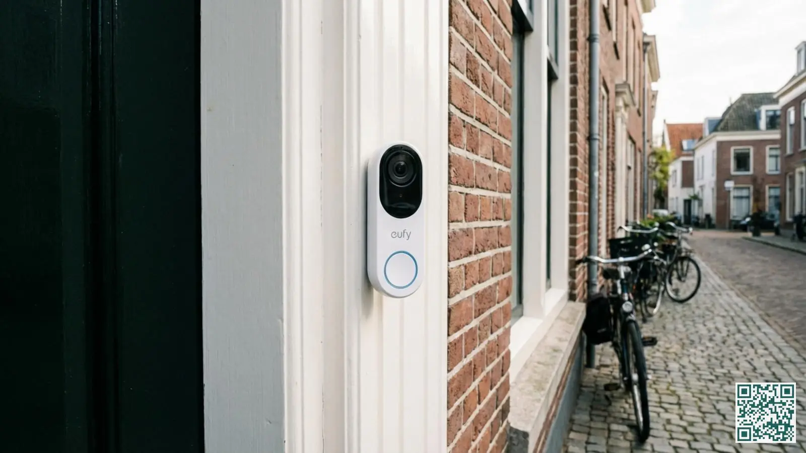 Moderne witte Eufy video deurbel gemonteerd op het kozijn van een Nederlandse voordeur in daglicht