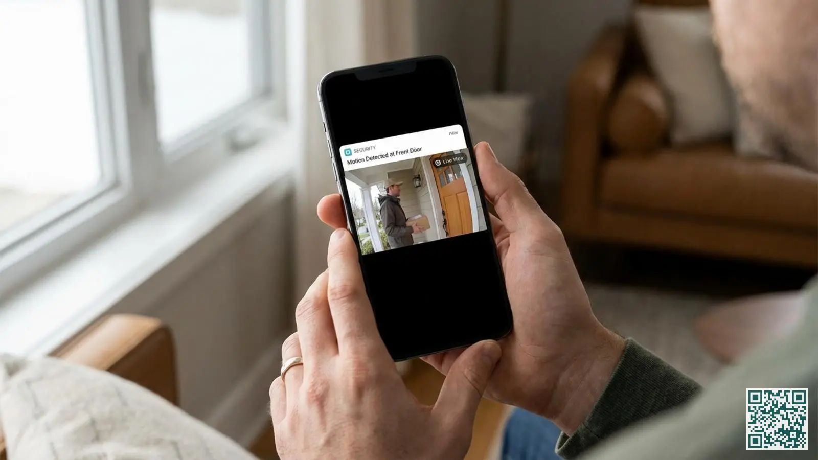 Handen houden smartphone vast met beveiligingsapp die live videobeeld van de voordeur toont