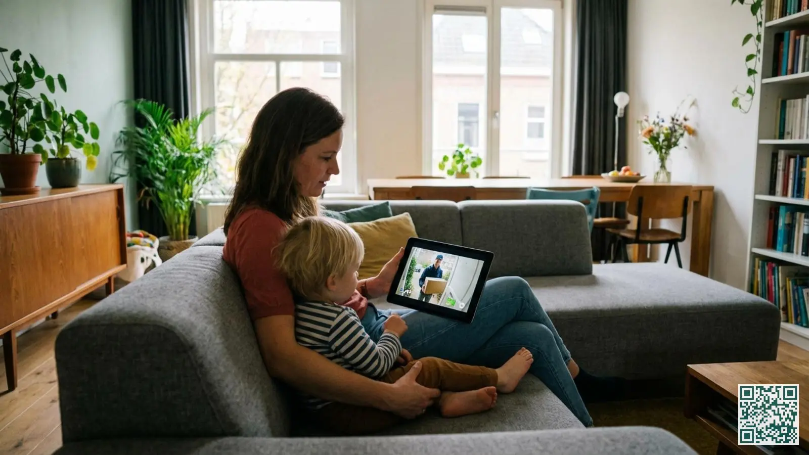 Moeder en kind in woonkamer bekijken samen op tablet de beelden van hun video deurbel met bezoeker aan deur