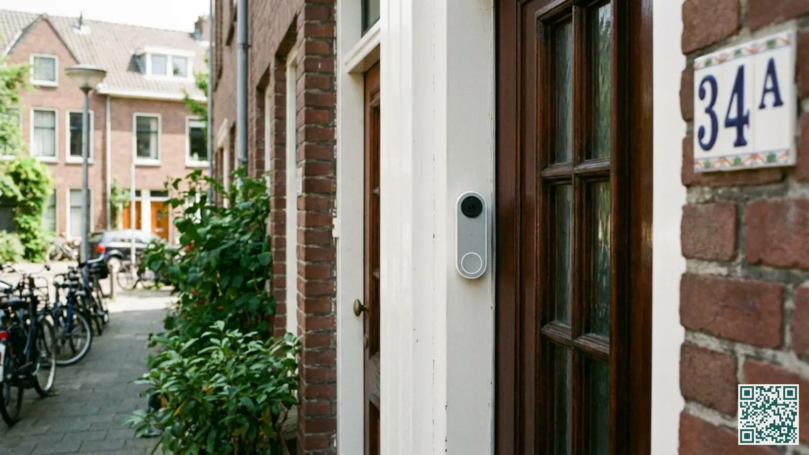 Witte Google Nest Doorbell gemonteerd naast een houten voordeur in Nederlandse woning met zichtbaar huisnummer
