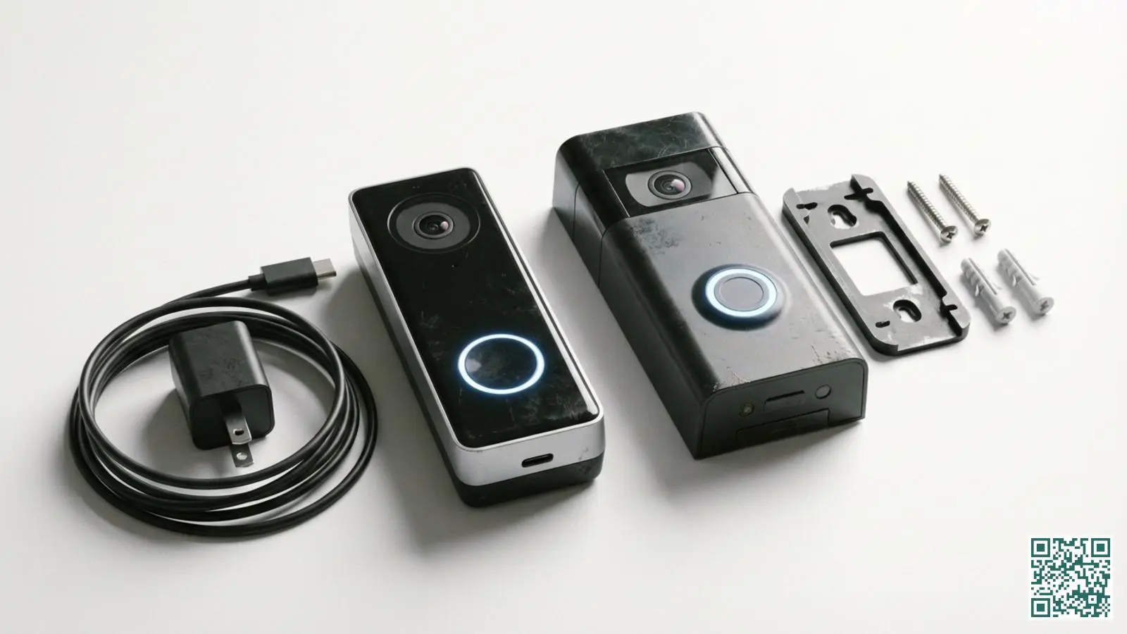 Twee Nest Doorbell modellen naast elkaar op wit oppervlak met zichtbaar verschil in stroomvoorziening