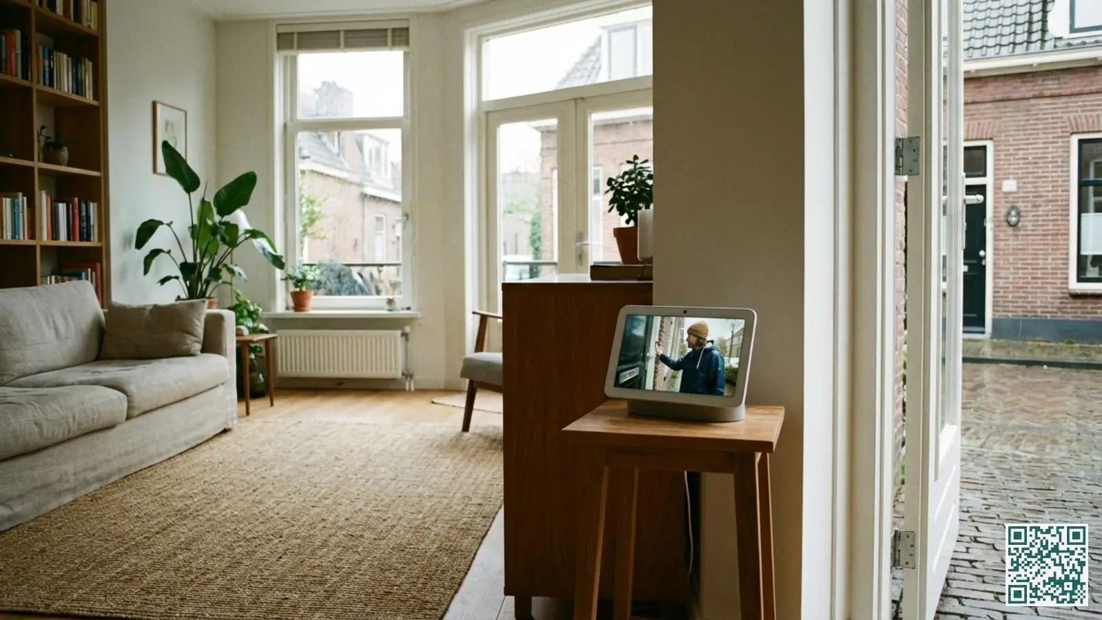 Nest Hub display in moderne woonkamer toont live beeld van bezoeker bij voordeur via Nest Doorbell
