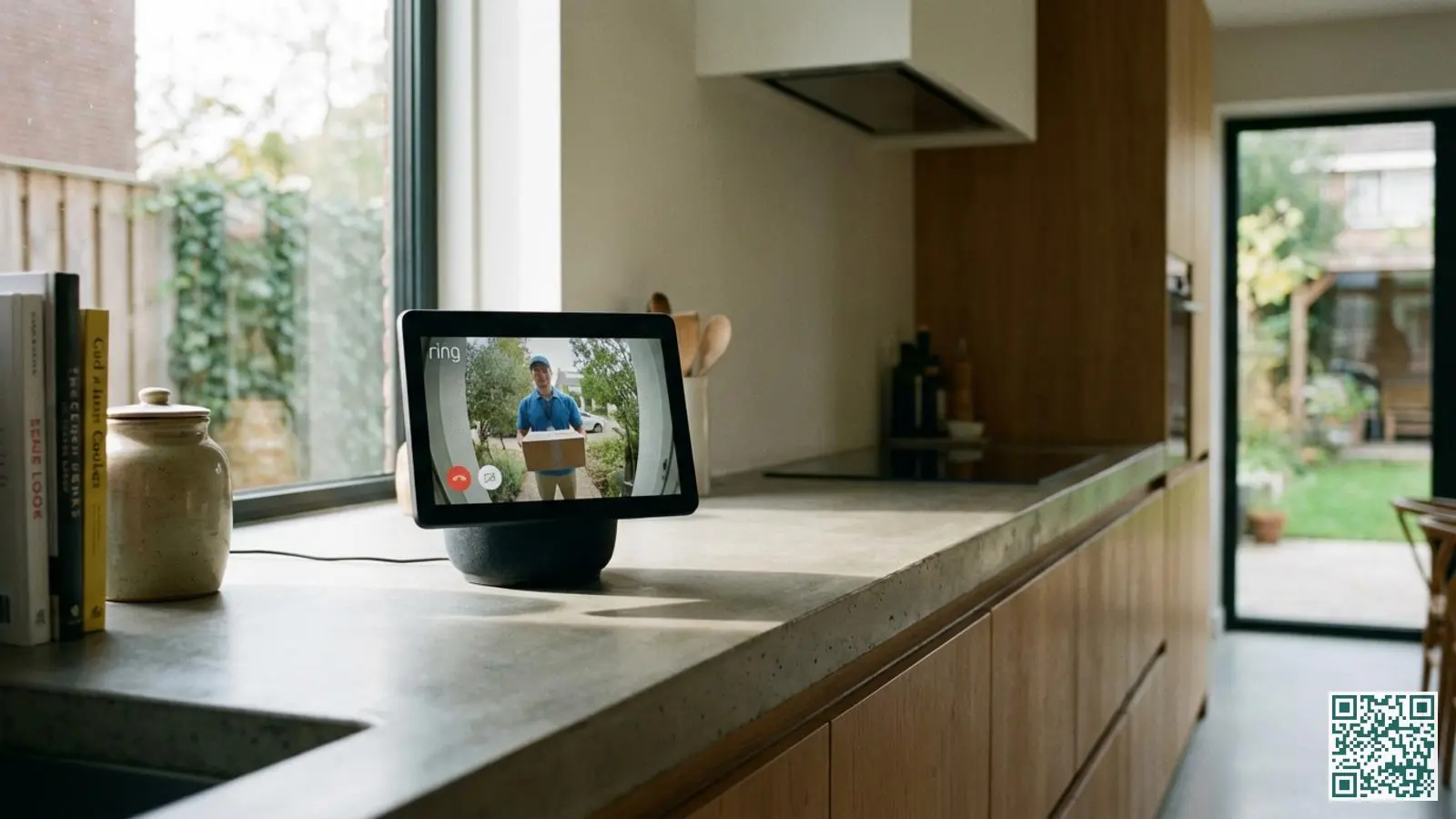 Amazon Echo Show op een aanrecht toont live beeld van de Ring video deurbel met een bezoeker bij de voordeur