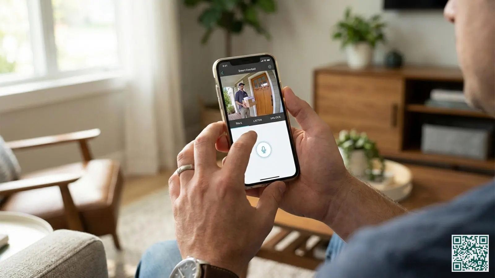 Handen houden smartphone vast met live videobeeld van pakketbezorger aan de voordeur via video deurbel app