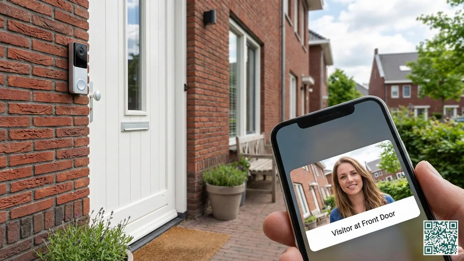Moderne video deurbel naast witte voordeur met smartphone op de voorgrond die een bezoekersmelding toont