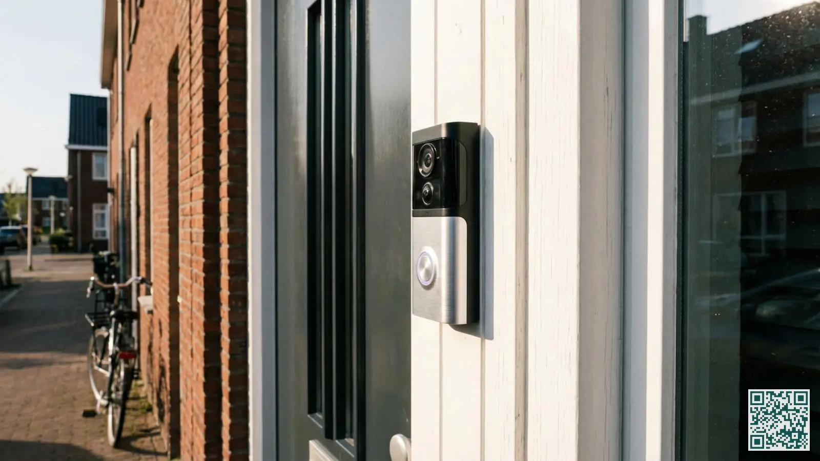 Moderne video deurbel met dual lens gemonteerd op een wit deurkozijn naast een grijze voordeur van een Nederlandse woning