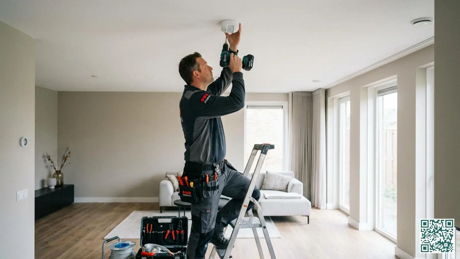 Beveiligingsmonteur in werkkleding installeert bewegingsmelder aan wit plafond met professioneel gereedschap