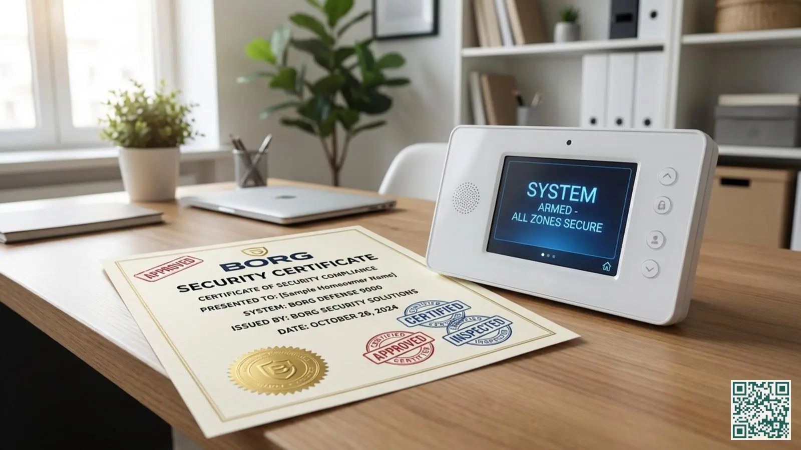 BORG-certificaat document op bureau naast wit alarmsysteem bedieningspaneel in professionele thuiswerkomgeving