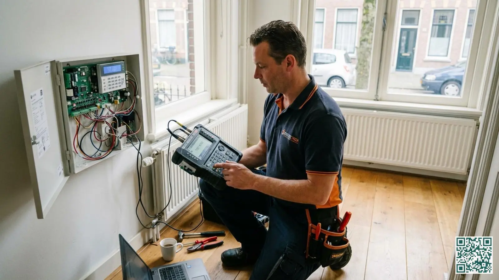 Onderhoudsmonteur test alarmsysteem met diagnostische apparatuur bij geopend bedieningspaneel in woning