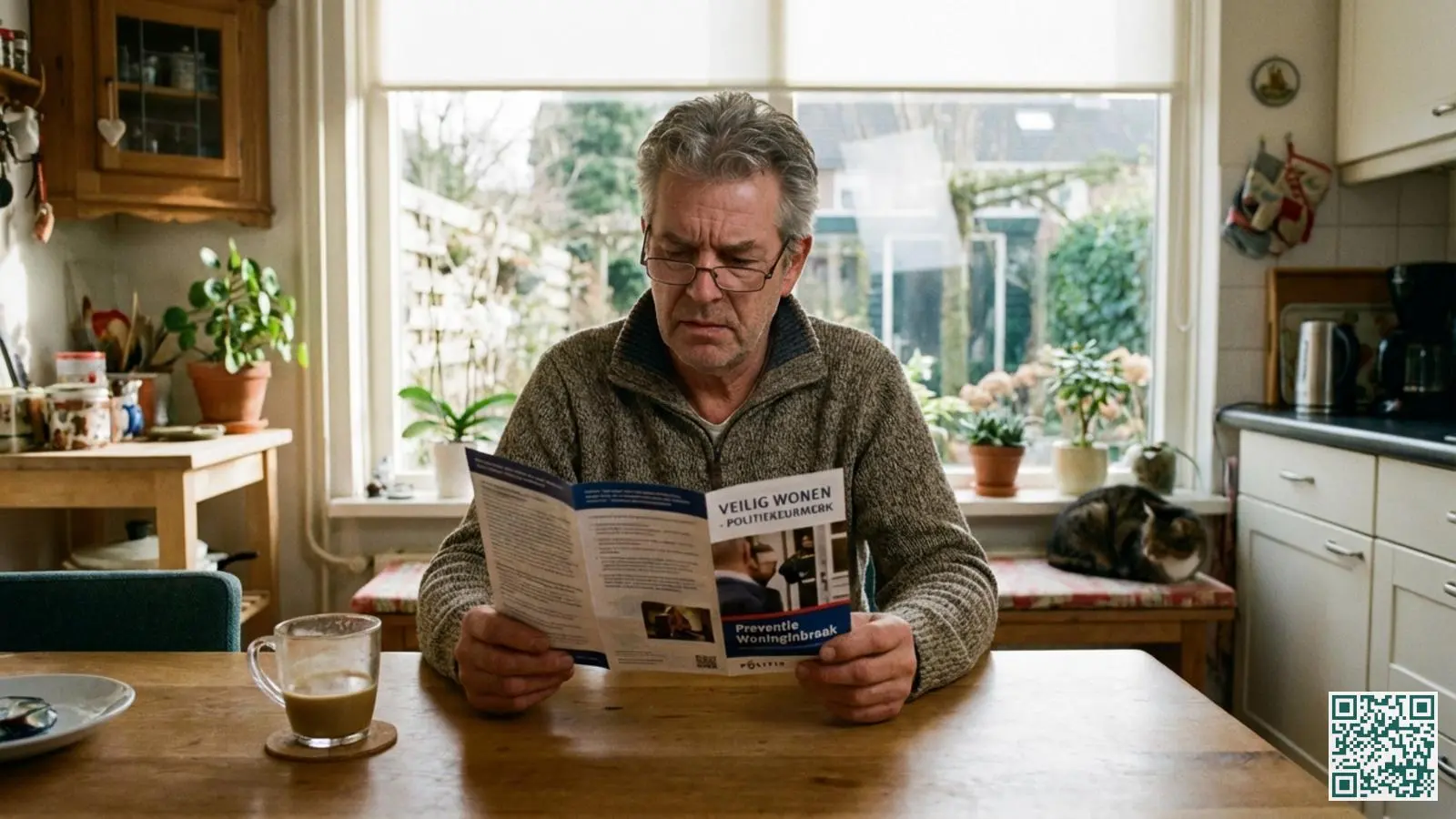 Woningeigenaar leest een preventiebrochure over woningbeveiliging aan de keukentafel bij ochtendlicht