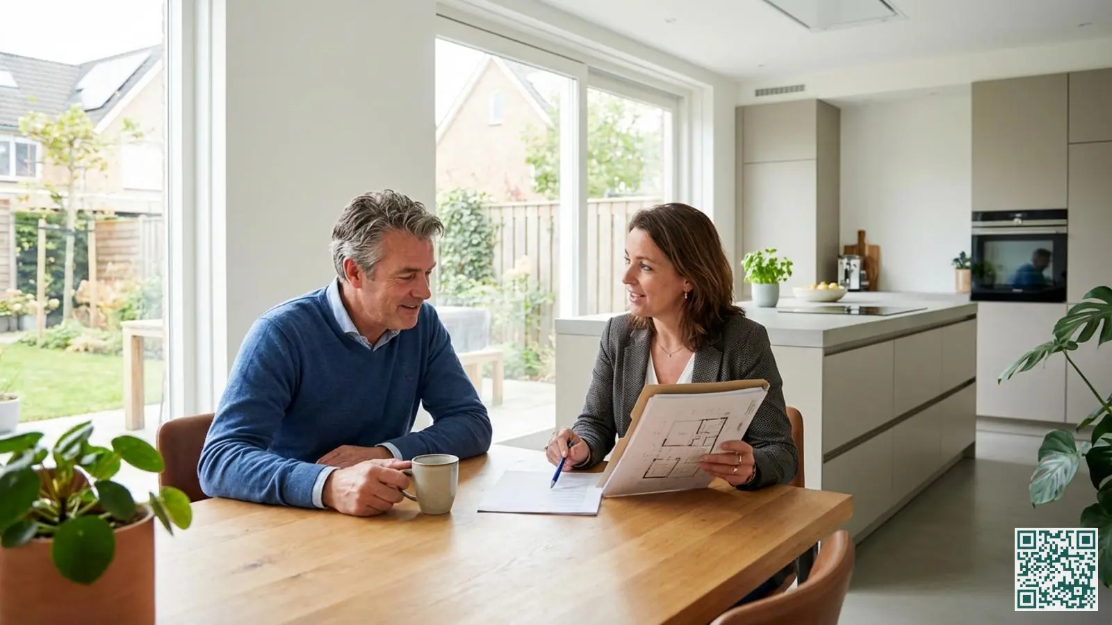 Woningeigenaar aan keukentafel in gesprek met beveiligingsadviseur die documenten toont tijdens PKVW-adviesgesprek