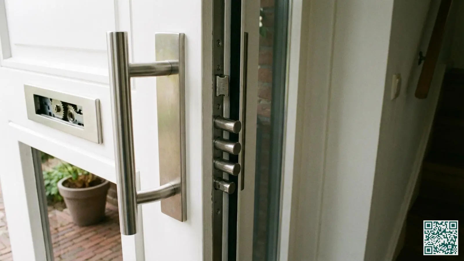 Moderne witte voordeur met meerpuntssluiting en roestvrijstalen veiligheidsbeslag in een Nederlandse woning