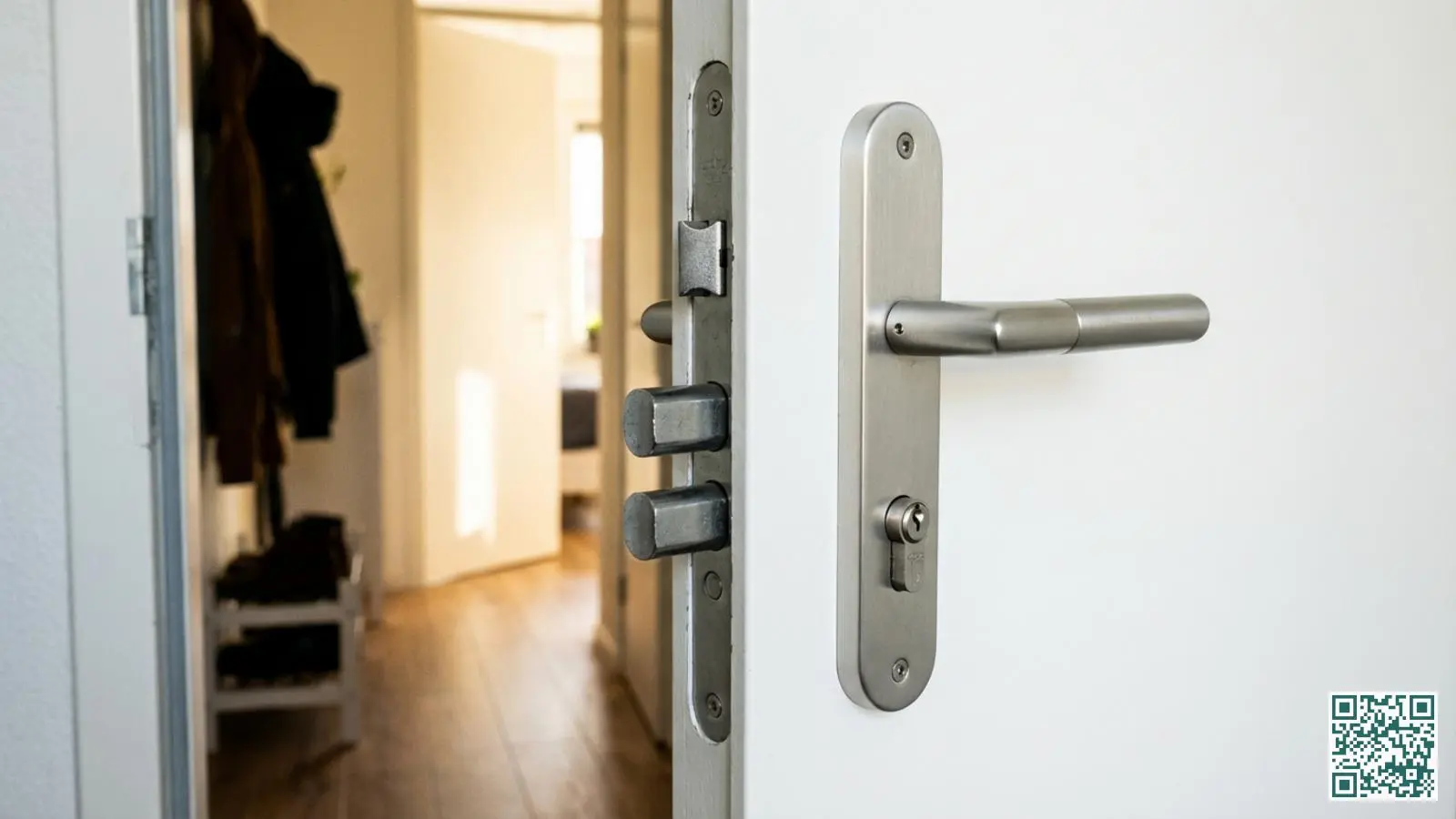 Close-up van een witte voordeur met zichtbare meerpuntssluiting en veiligheidsbeslag dat voldoet aan PKVW-certificeringseisen