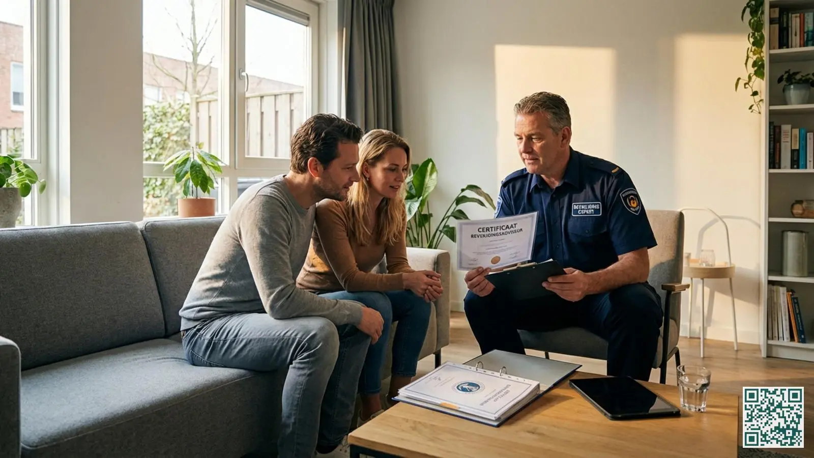 Professionele beveiligingsadviseur toont PKVW-certificeringsdocumenten aan huiseigenaren in een Nederlandse woonkamer