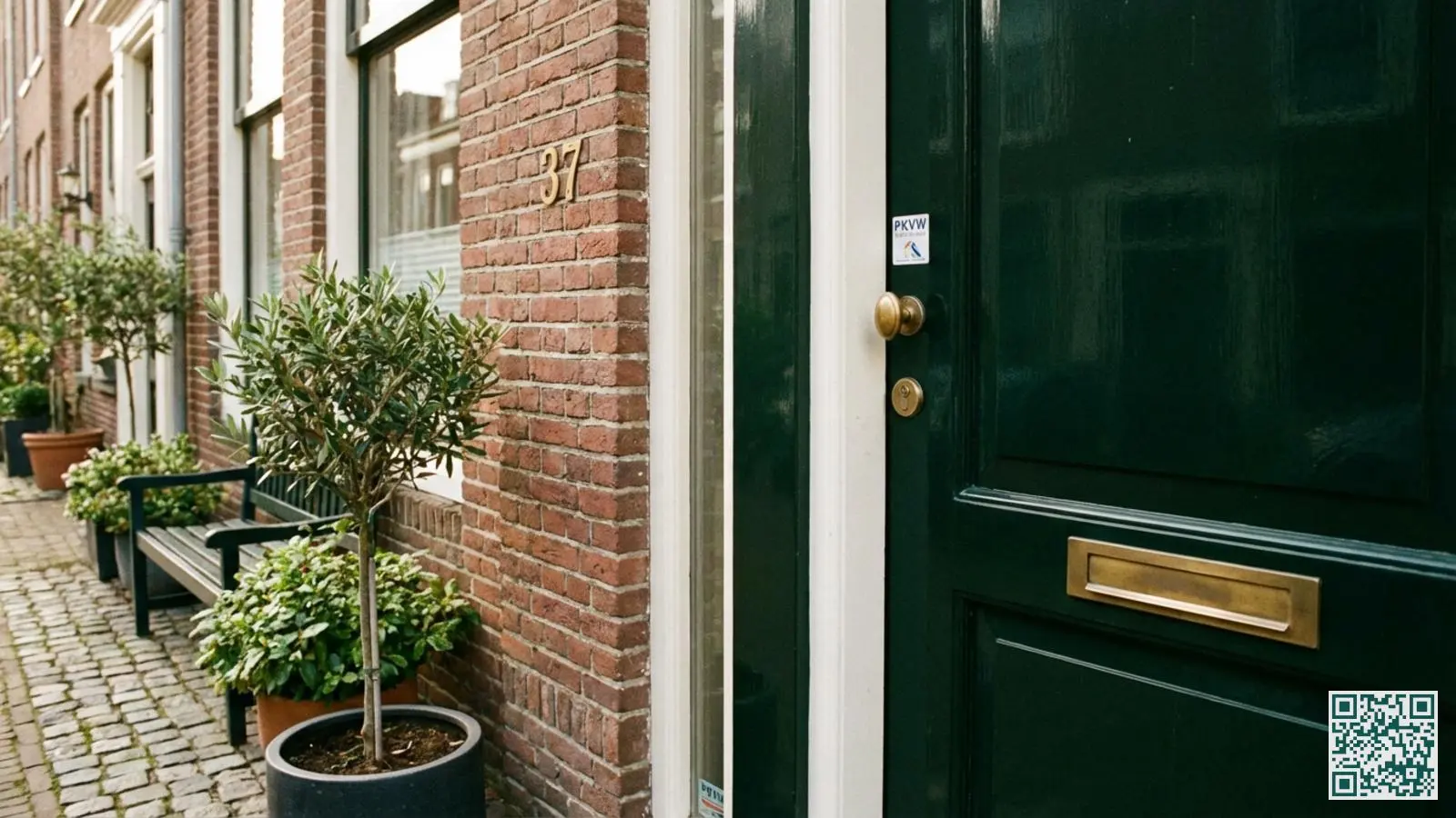 Nederlandse voordeur met messing deurbeslag en PKVW-certificaatsticker op het kozijn van een typische rijtjeswoning