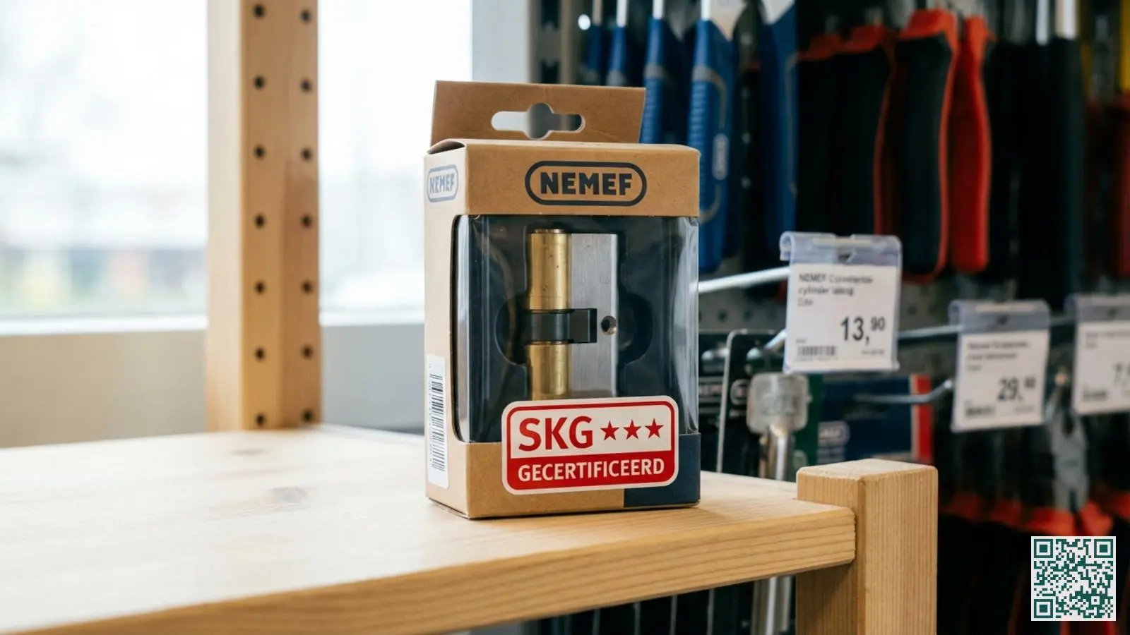 SKG-gecertificeerd cilinderslot in verpakking met zichtbare sterrenclassificatie op het etiket in een bouwmarkt