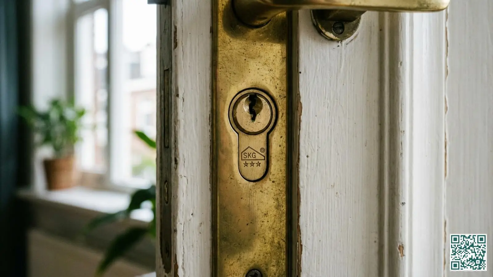 Close-up van een messing cilinderslot met zichtbaar SKG-logo en drie sterren op de cilinderkop in een witte deur