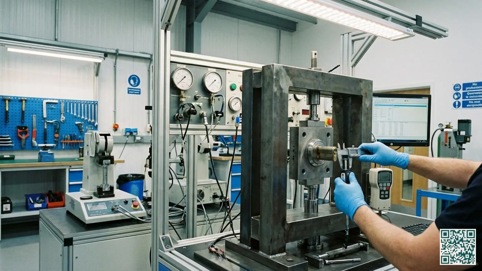 Professionele testopstelling in laboratorium waar een cilinderslot getest wordt volgens de NEN 5089 norm