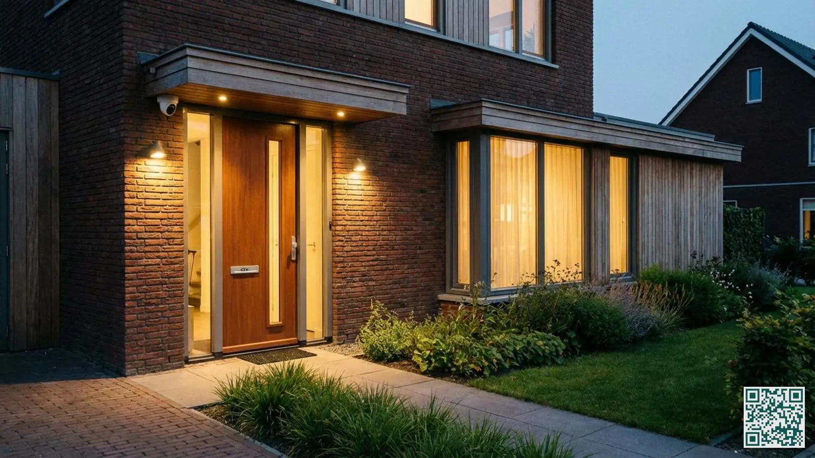 Moderne Nederlandse woning in de schemering met zichtbare beveiligingscamera, veilige voordeur en bewegingssensorverlichting