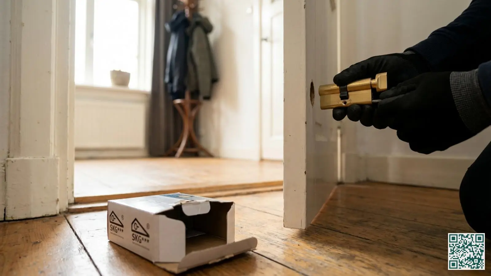 Close-up van SKG-gecertificeerd cilinderslot dat wordt geïnstalleerd in witte houten deur met verpakking met sterren zichtbaar