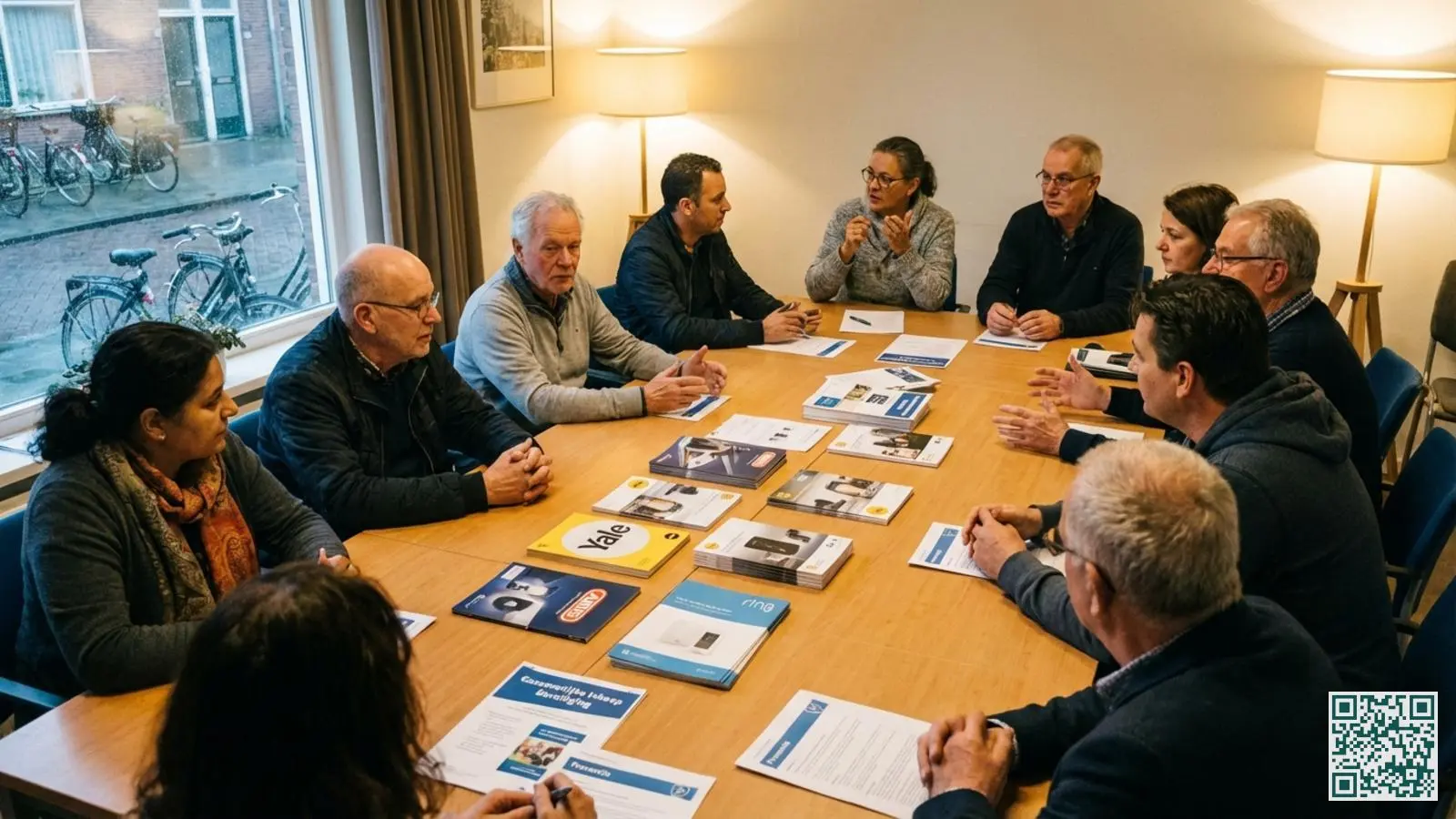 Buurtbewoners in een vergadering over collectieve inkoop van beveiligingsproducten in een buurthuis