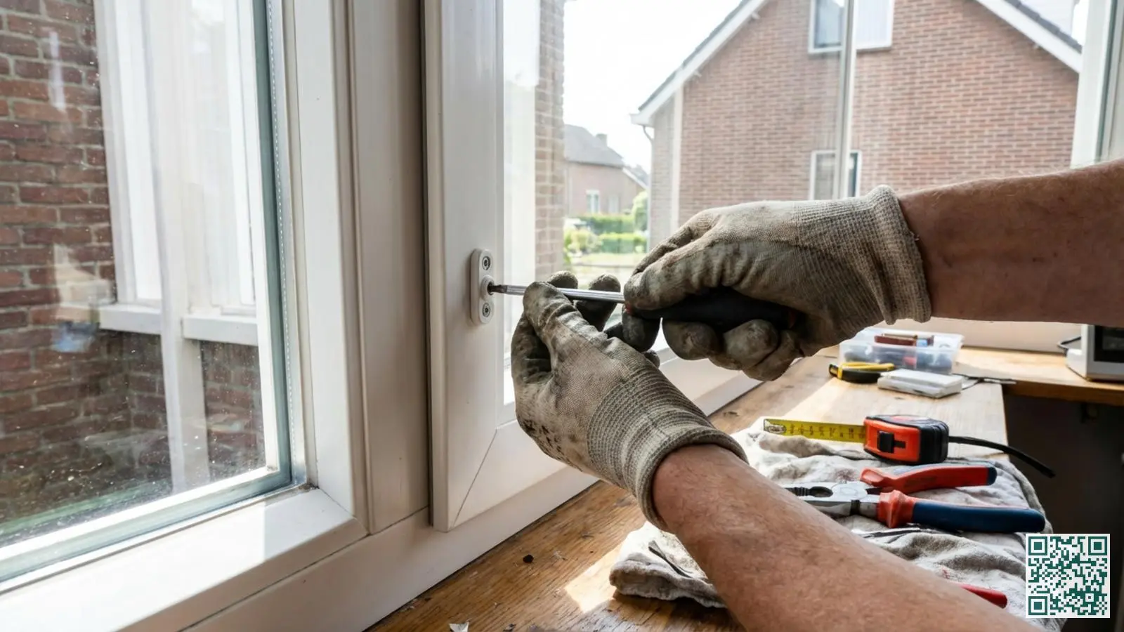 Persoon installeert zelf een raamslot op een kunststof kozijn om te besparen op installatiekosten