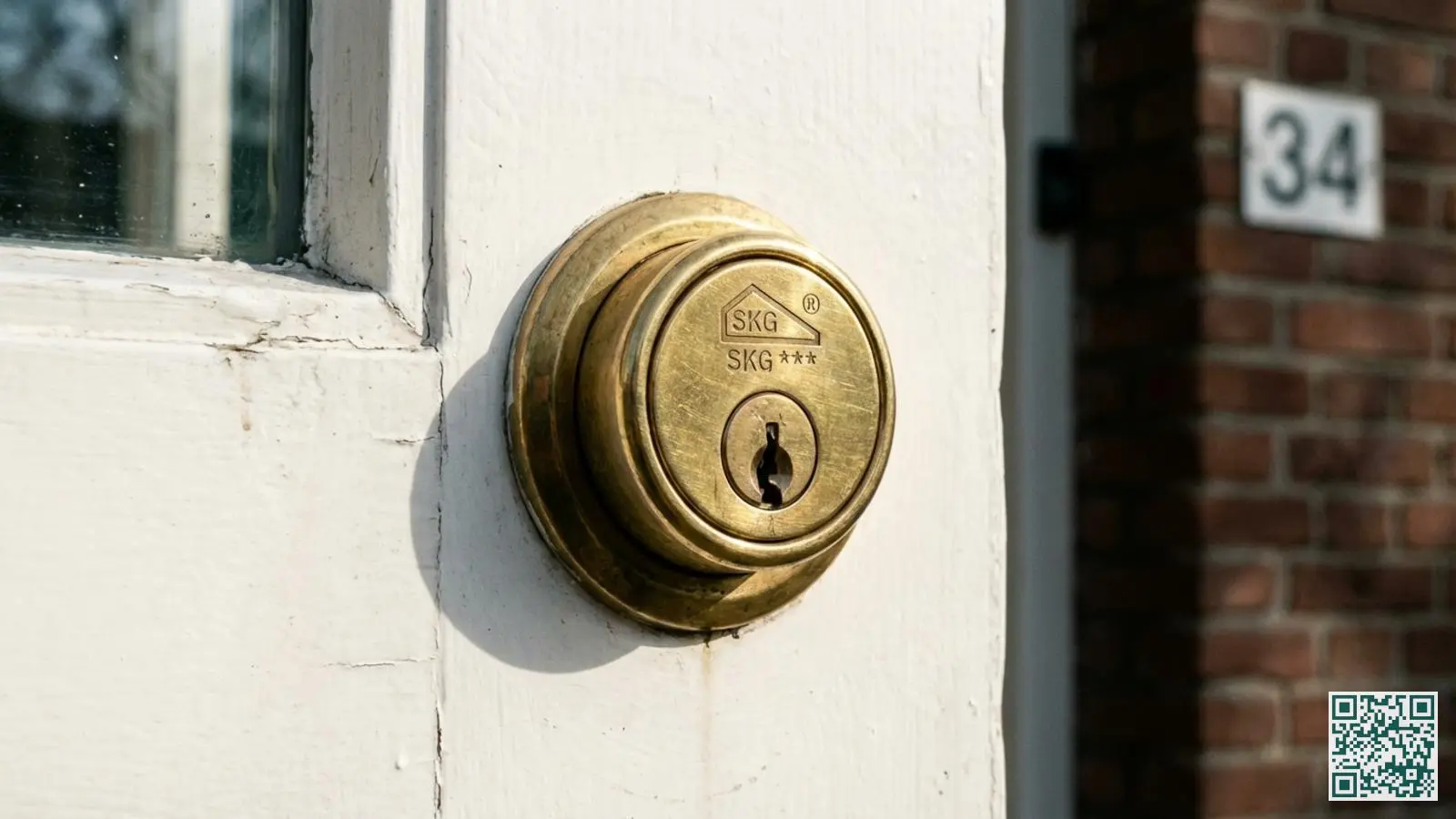 Close-up van een SKG drie sterren gecertificeerd cilinderslot gemonteerd in een witte houten voordeur