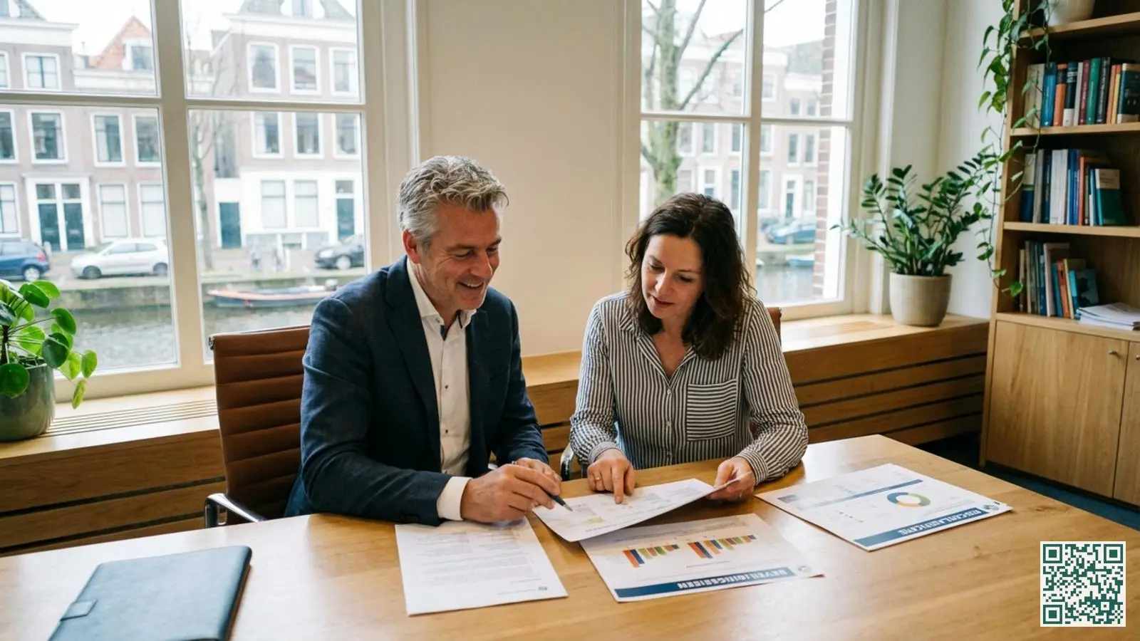 Verzekeringsadviseur bespreekt VRKI beveiligingseisen met een woningeigenaar aan een bureau met documenten