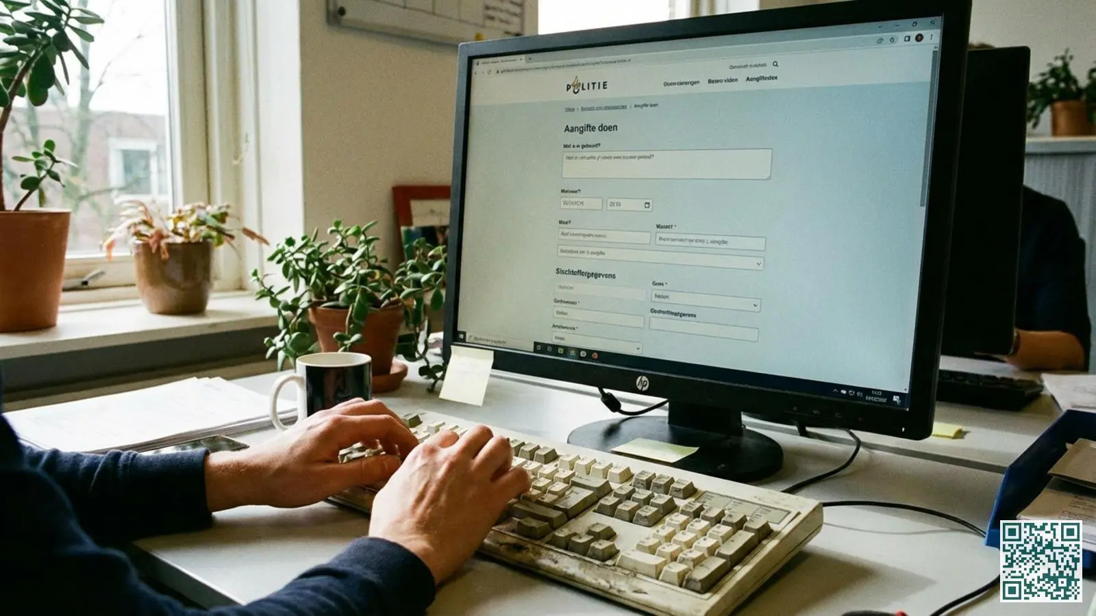 Computerscherm toont online aangifteformulier van de politie met handen op het toetsenbord in thuisomgeving