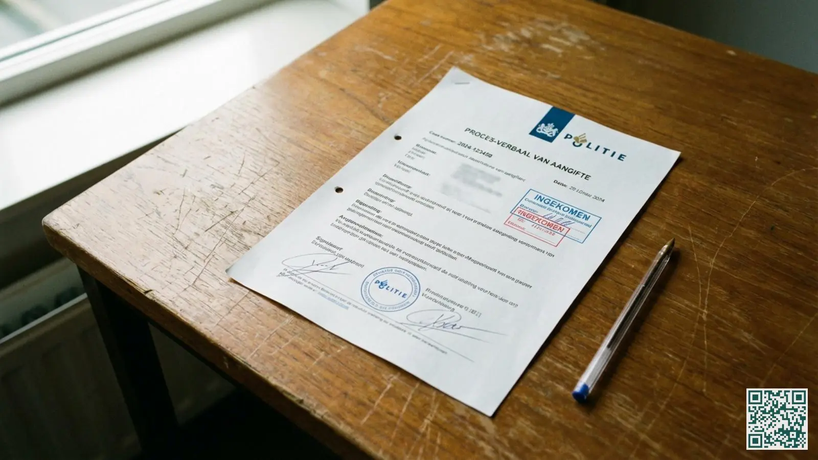 Officieel proces-verbaal document van de politie met stempel ligt op houten bureau naast een pen