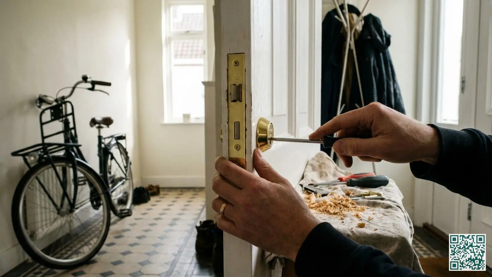 Handen die met een schroevendraaier een nieuw messing veiligheidsslot installeren op een witte houten voordeur