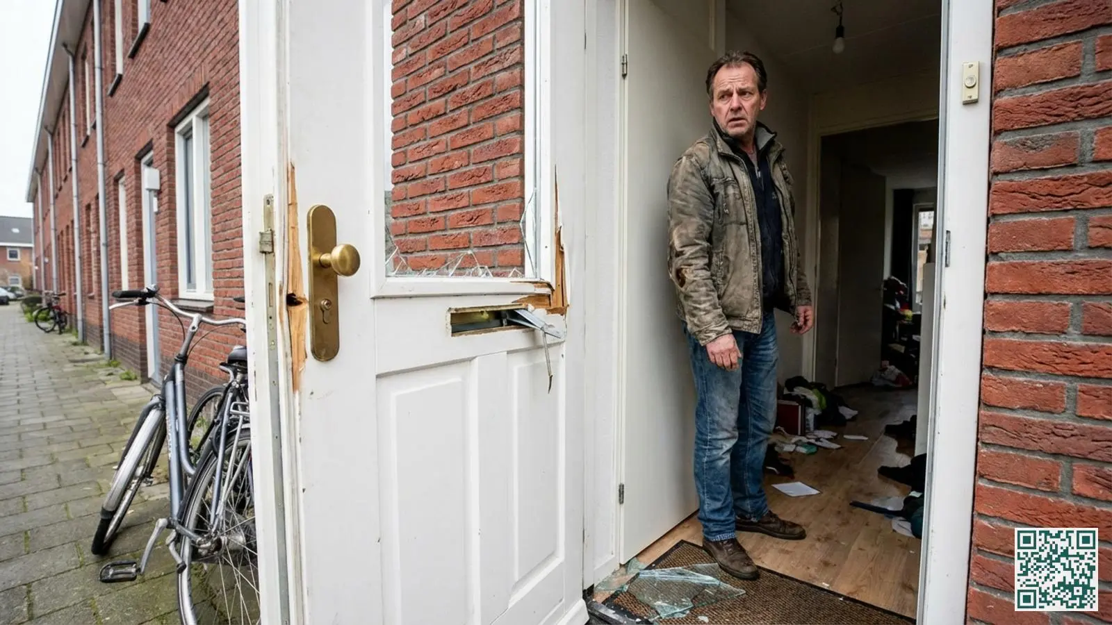 Bezorgde persoon staat bij een geopende voordeur met zichtbare inbraakschade aan het kozijn en slot