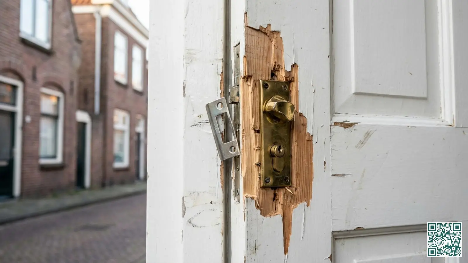 Close-up van een geforceerde witte voordeur met versplinterd hout en beschadigd kozijn rondom het slotgebied