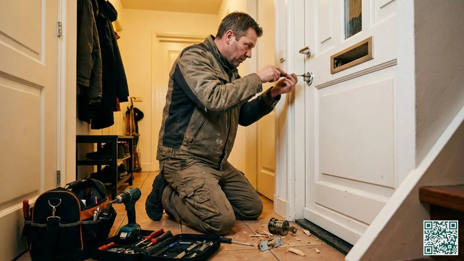 Professionele slotenmaker vervangt een cilinderslot in een witte voordeur na een inbraak met gereedschap in de hand