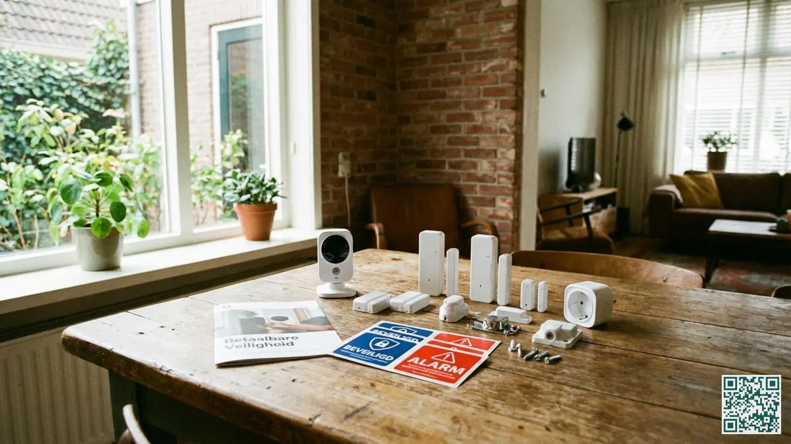 Diverse beveiligingsproducten voor snelle aankoop waaronder draadloze camera raamgrendels en waarschuwingsstickers