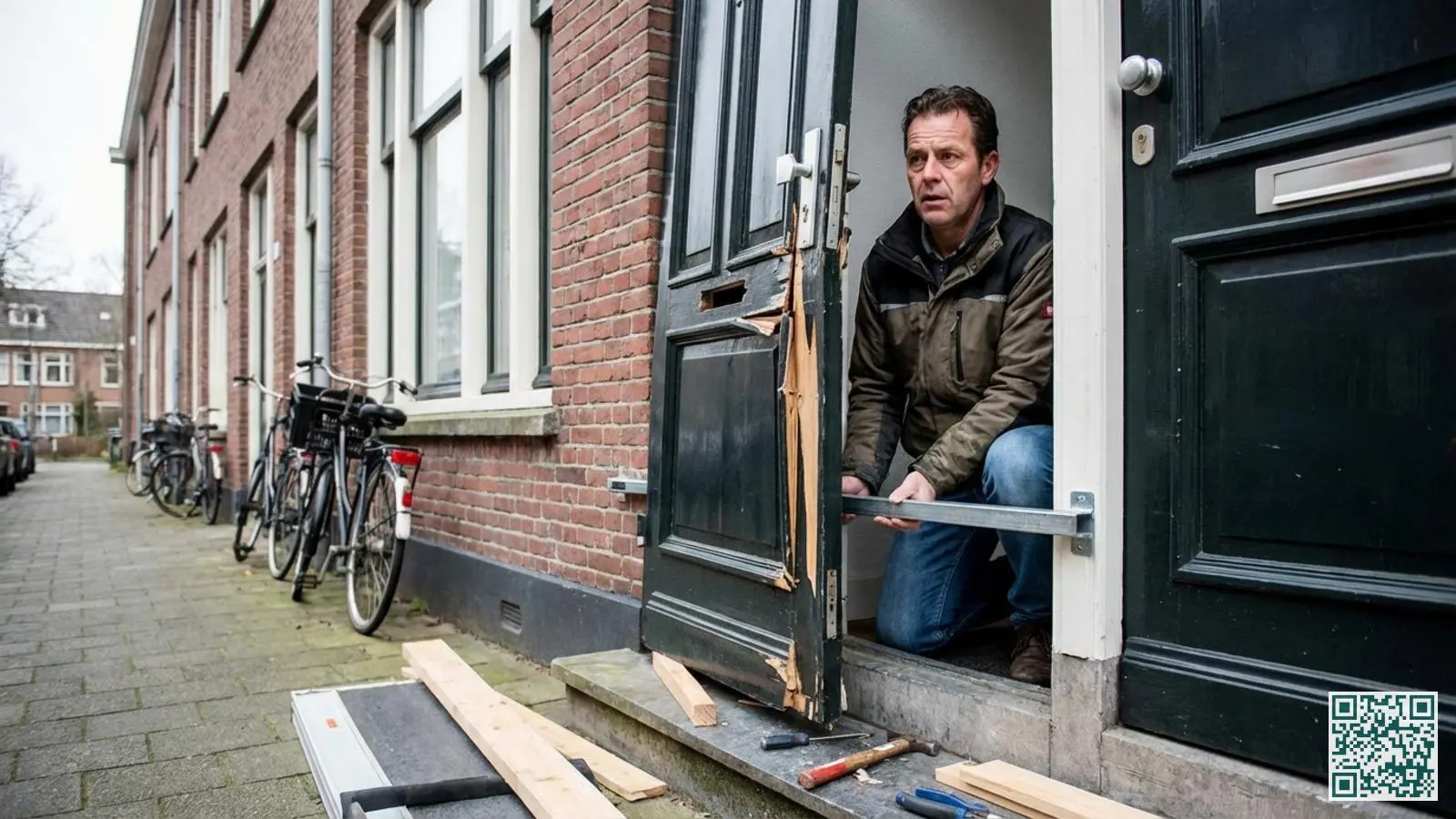 Bewoner installeert een tijdelijke deurbeveiliging bij een geforceerde voordeur na een inbraak