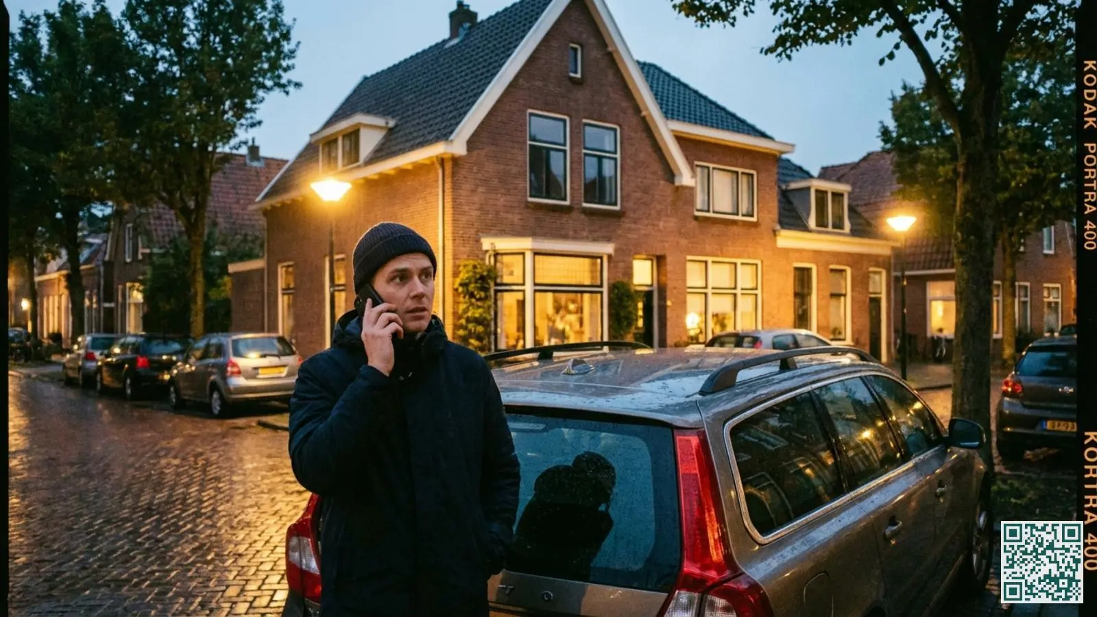 Persoon belt met smartphone terwijl zij op veilige afstand achter een auto de woning in de gaten houdt