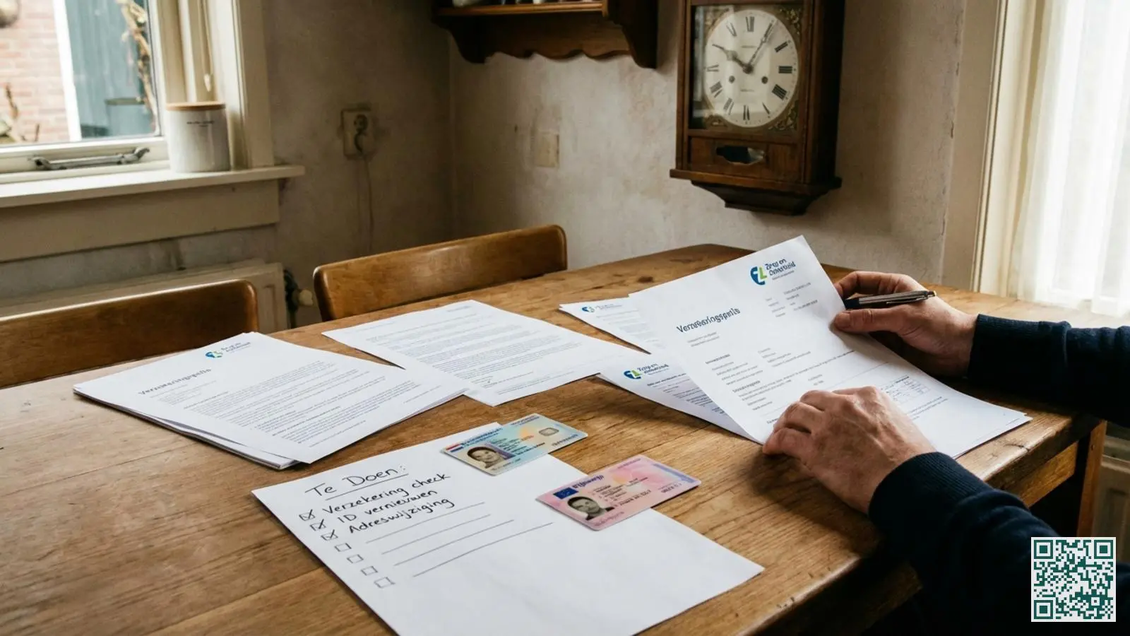 Keukentafel met klok aan de muur, checklist op papier en belangrijke documenten voor afhandeling na een inbraak