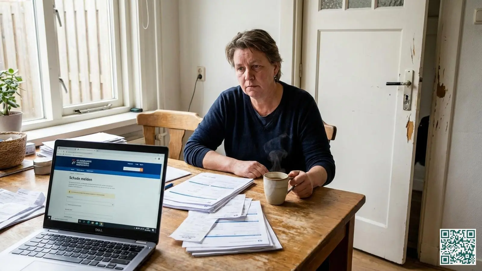 Persoon aan keukentafel met verzekeringspapieren en laptop terwijl beschadigde voordeur zichtbaar is op de achtergrond