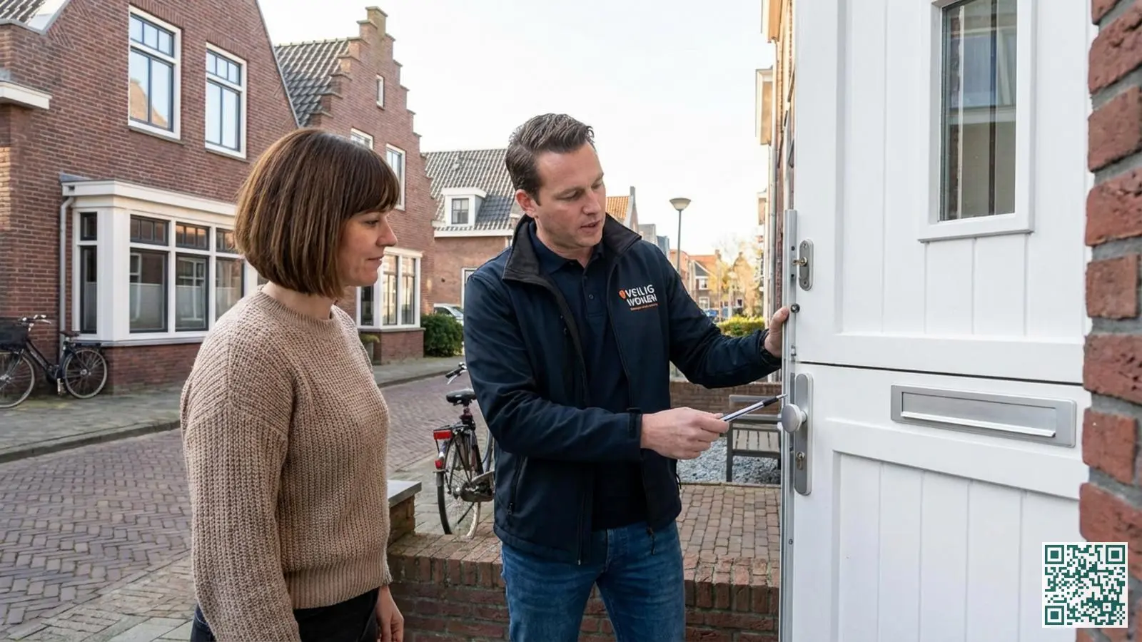 Beveiligingsspecialist geeft advies over sloten en beveiliging aan een huiseigenaar bij de voordeur