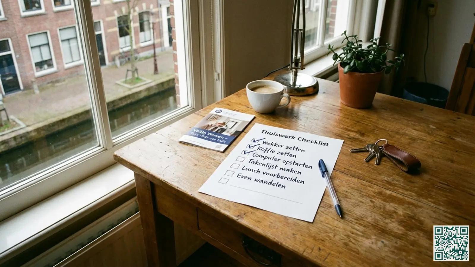 Checklist document met afvinkvakjes op een houten bureau naast huissleutels en een beveiligingsbrochure