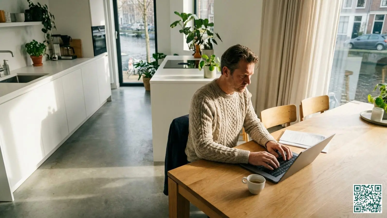 Huiseigenaar vult een offerteformulier voor inbraakbeveiliging in op een laptop aan de keukentafel
