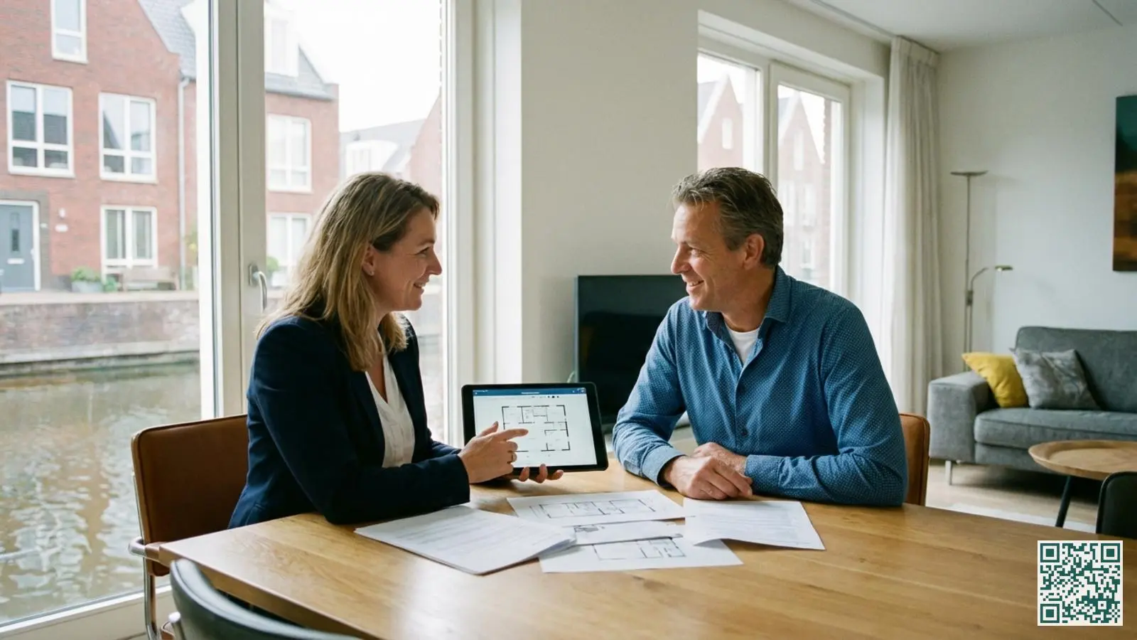 Beveiligingsadviseur in gesprek met klant in een moderne woonkamer terwijl hij opties uitlegt
