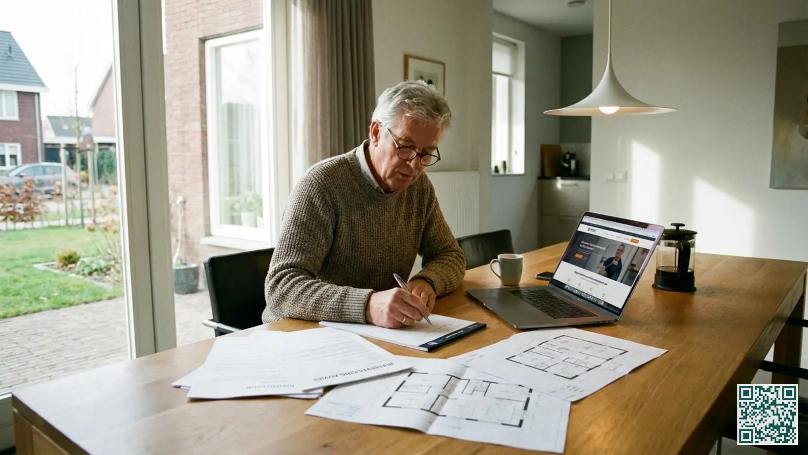 Woningeigenaar bereidt documenten en aantekeningen voor op een eettafel voor een beveiligingsofferte