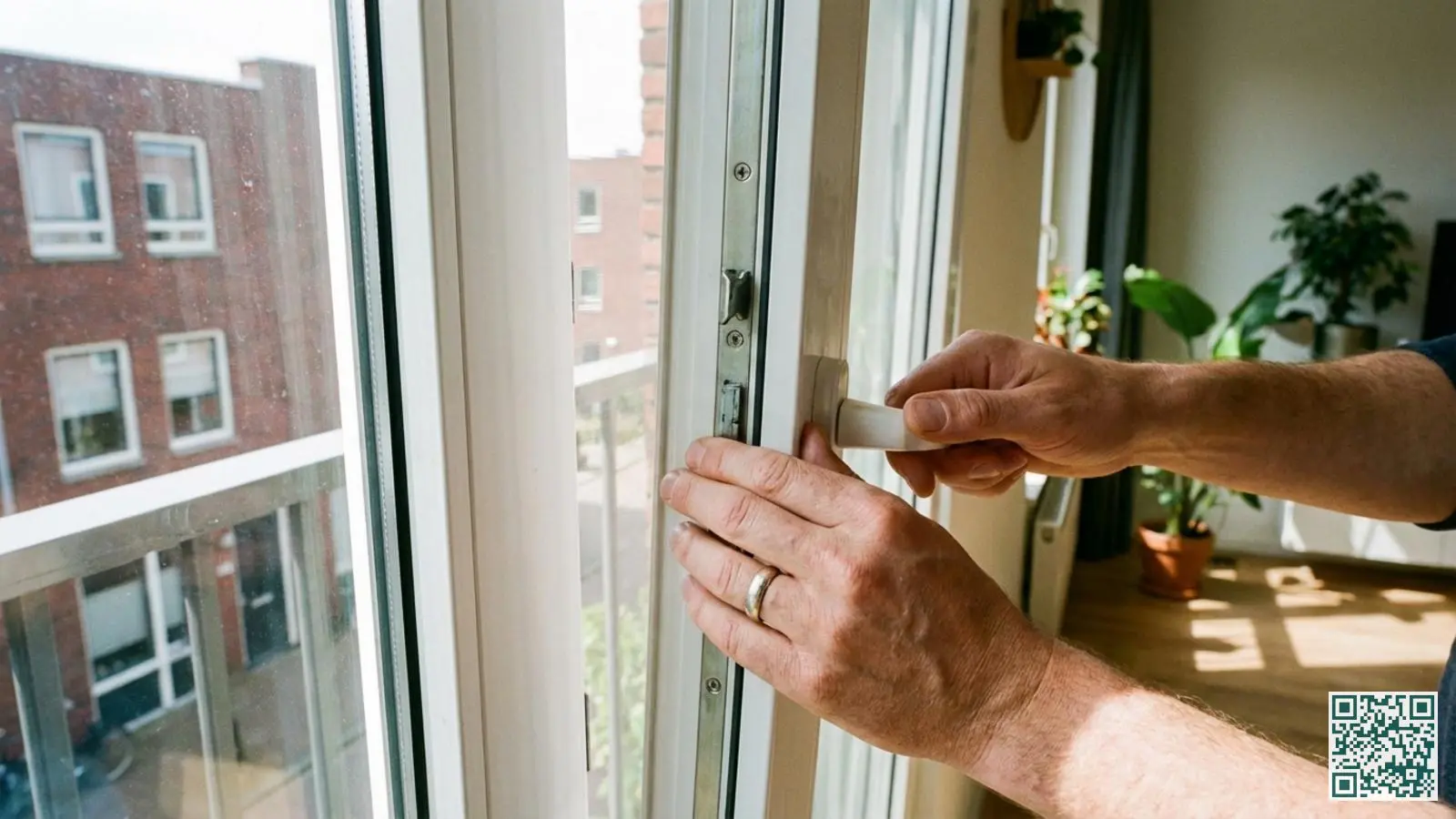 Persoon controleert een raamslot op een wit kunststof raamkozijn in een Nederlandse woning