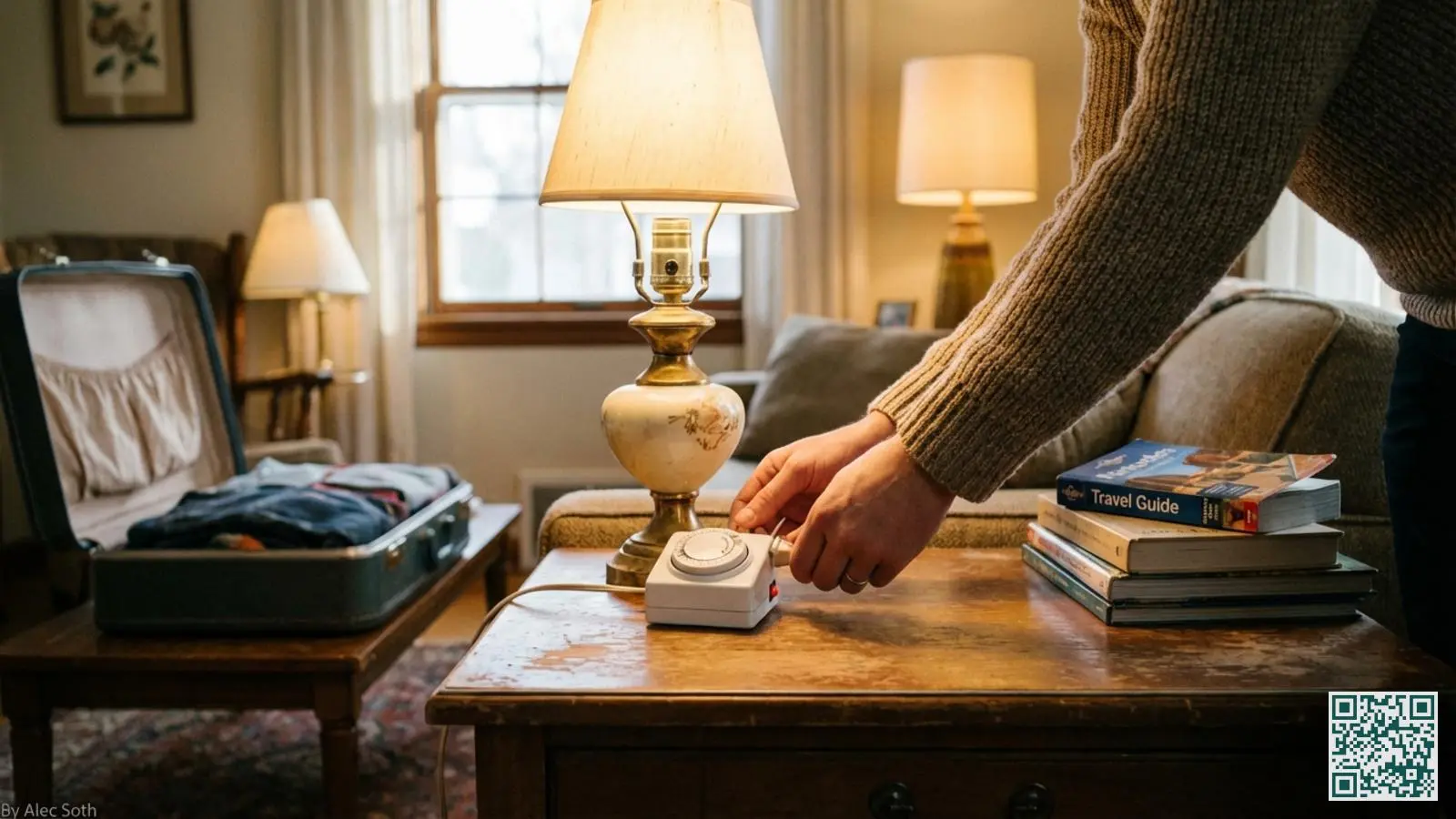 Tijdschakelaar wordt aangesloten op een lamp ter voorbereiding van vakantie met koffer op achtergrond