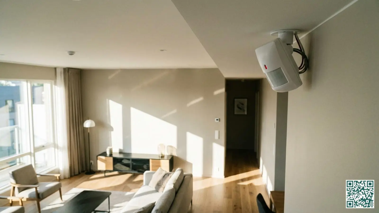 Witte bewegingsmelder gemonteerd in de hoek van een moderne woonkamer op de juiste hoogte voor optimale detectie