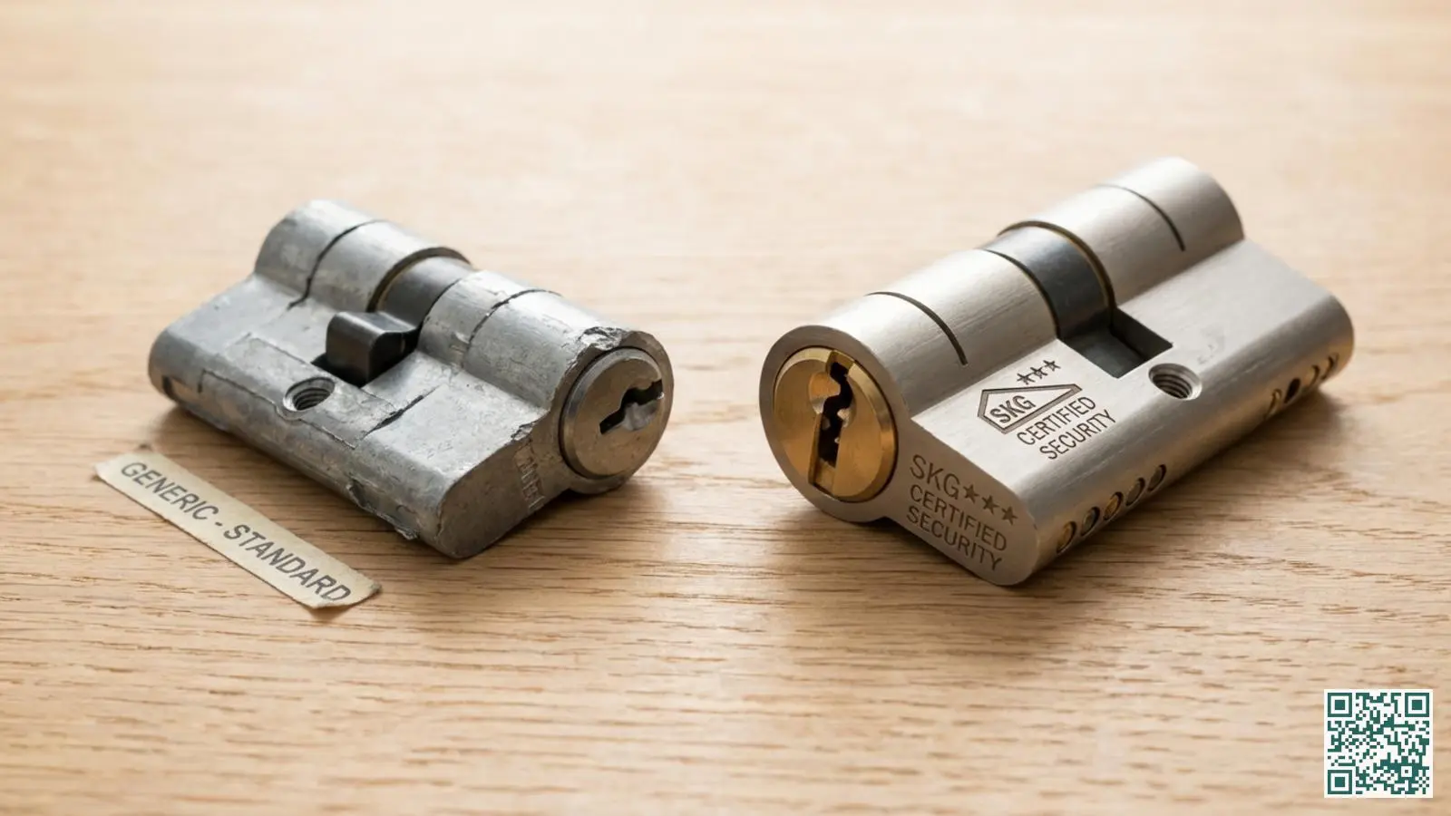 Vergelijking tussen een goedkoop slot zonder keurmerk en een SKG-gecertificeerde cilinder op een houten oppervlak